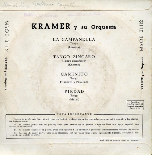 KRAMER Y SU ORQUESTA / La Campanella / ODEON MSOE 31.112 Press Spain 1958 EP VG+ - Picture 3 of 5