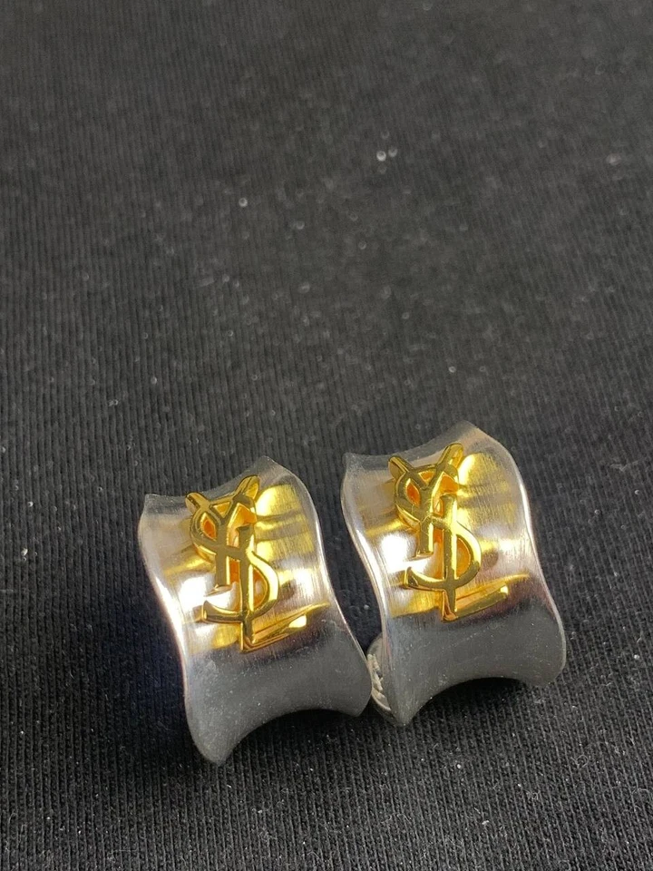 Yves Saint Laurent YSL Logo Two-Tone Gold Monogram Hoop Earrings - Image 2 of 4