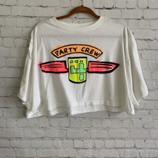 Vintage 1988 Ocean Pacific Party Crew Graphic Crop Top Shirt Size Large White