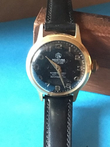 Montre Femme Vintage Mortima Mécanique - Cadran Noir, Boîtier Plaqué Or - Occasion