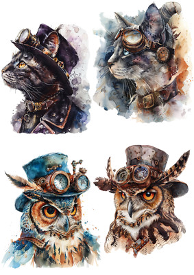 2 Blatt - A4 Reispapier Decoupage - Vintage, Steampunk, Katze, Eule, Aquarell