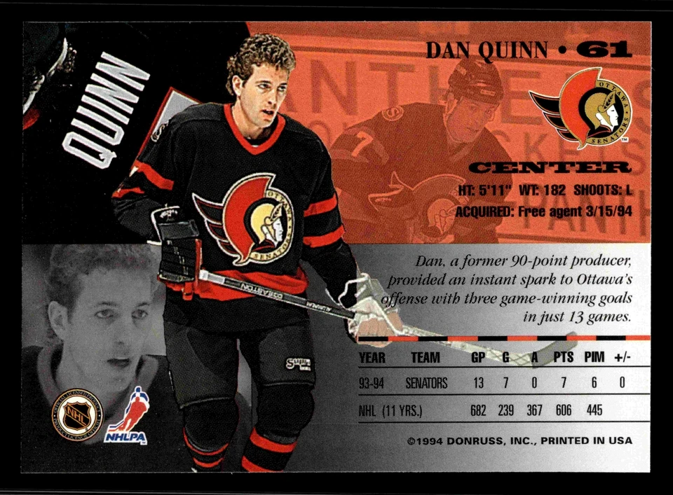 1994-95 Leaf Dan Quinn #61 - Ottawa Senators - Image 2 of 2