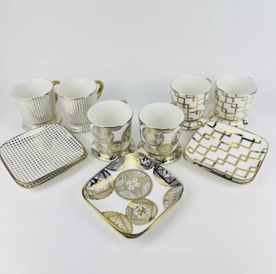 Mary Kay Gold Porcelain Polka Dots Art Deco Design Tea Cup/Coffee Mug Desert Set