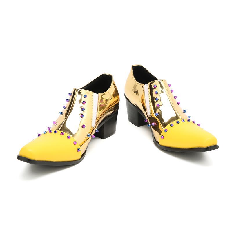 SAOLA Scarpe uomo pelle a punta eleganti business rivetto slip on tacco a blocco giallo nuove