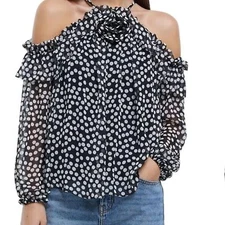 River Island Corsage Detail Halter Neck Chiffon Blouse in Black NWT Size 12