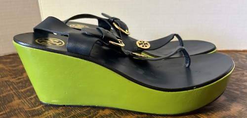 Tory Burch Wedge Sandals Sz 8.5 Blue & Lime Green Wooden Wedge Slingback Buckle - Picture 11 of 19