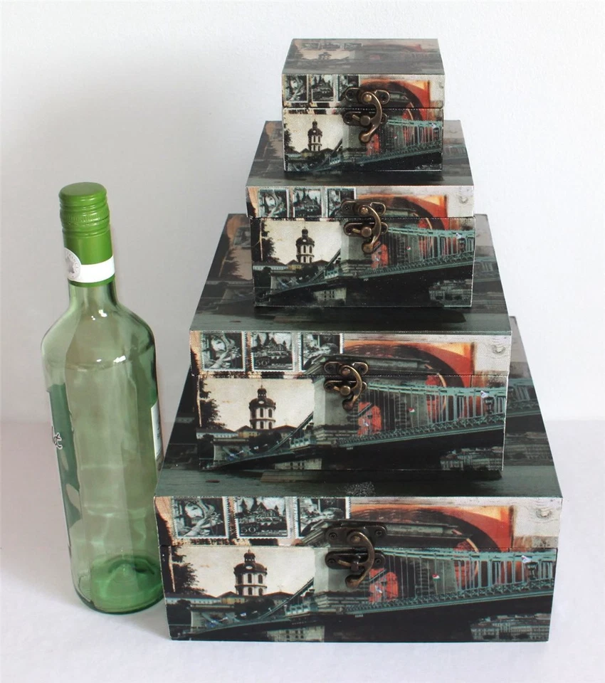 489 Holz Box 4er Set Leinenoptik Schatzkiste Stamp Budapest Städtedesign - Bild 2 von 4