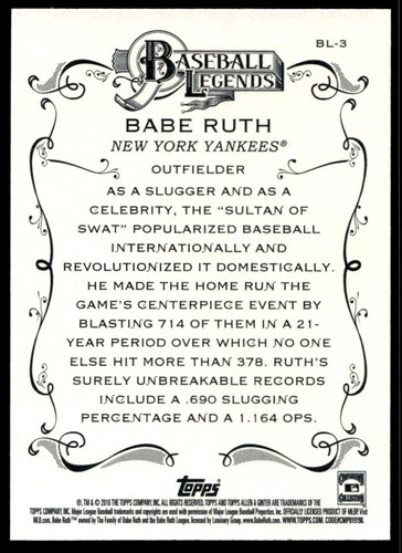 2016 Topps Allen & Ginter Baseball Legends Babe Ruth A74 New York Yankees #BL-3 - Picture 2 of 2