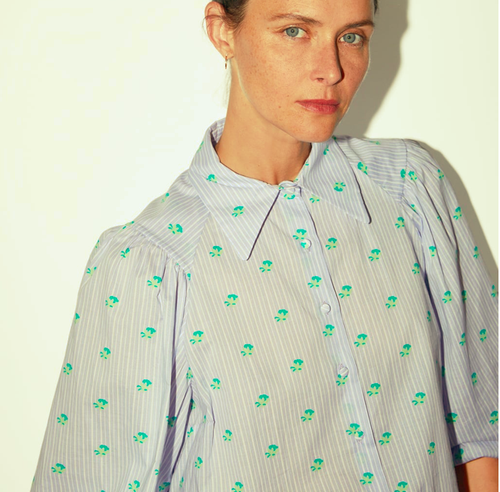 Green Flowers Blouse Ligth Blue 
