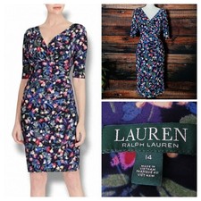 Lauren Ralph Lauren Dress Size 14 Ruched Faux Wrap Half Sleeve Floral Stretch 