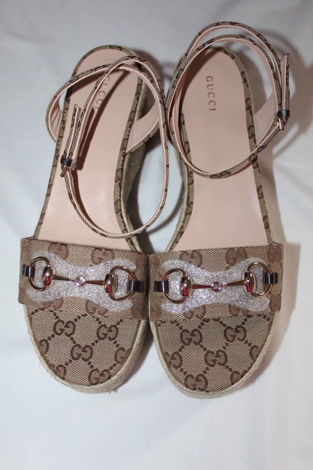 NWB Gucci GG Supreme Platform Ankle Strap Horsebit Sandals Espadrilles 40 816692 image 4