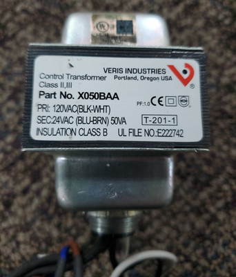 VERIS 50 VA CONTROL TRANSFORMER 120 VAC PRI 24 VAC SEC  X050bAA