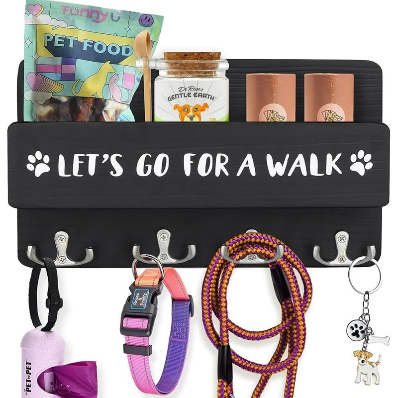 Wood Dog Leash Holder for Wall, Key Hangers with 4 Double Key Hooks (A0026)