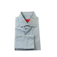 Isaia Napoli Blue White Checked Spread Collar Cotton L/S Button Front Size 16/41