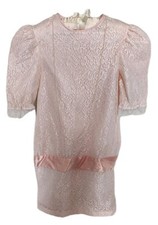 Vtg 80s Cottagecore Pretty In Pink Puff Sleeve Lace Dance Party Dress Girls 14