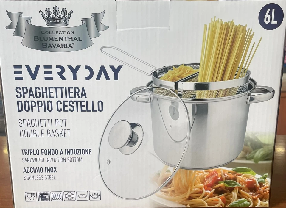 Pentola con scolapasta cuocipasta spaghettiera doppio cestello per pasta acciaio - Immagine 2 di 4