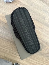 Balenciaga Furry Black Shearling Logo Slide S...