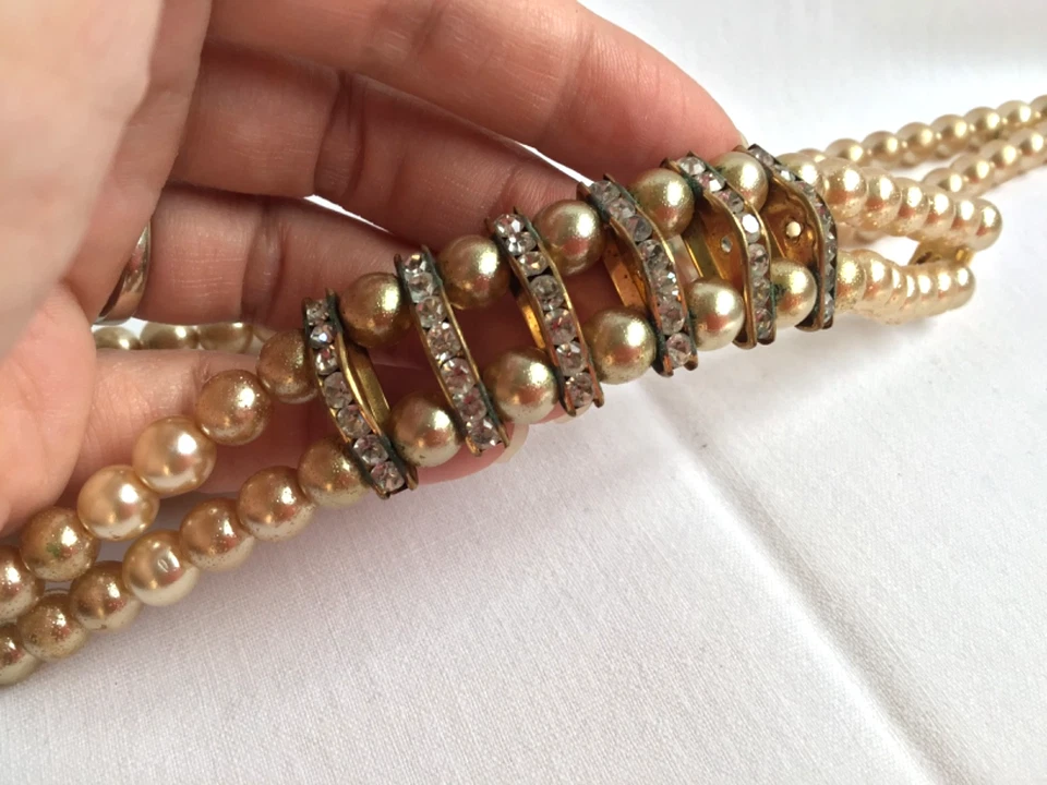 PARURE BIJOUX ANCIEN 1950  BRACELET COLLIER CLIP OREILLE STRASS PERLE COUTURE - Photo 4/4