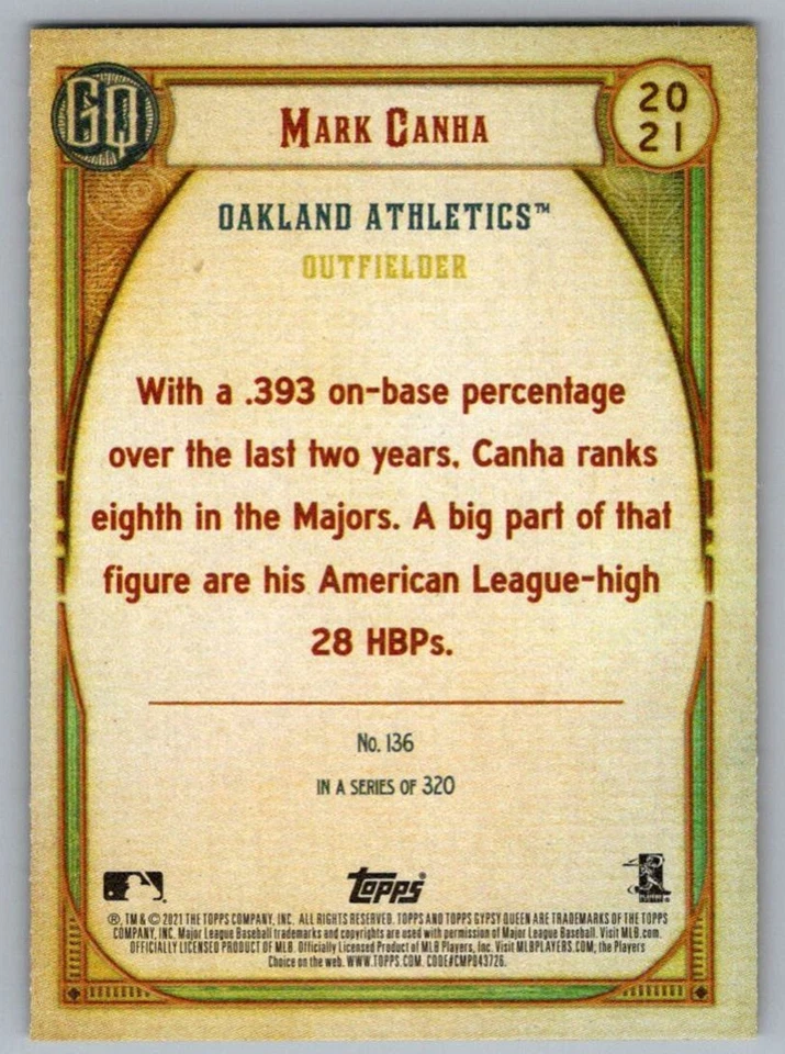 2021 Topps Gypsy Queen Mark Canha Oakland Athletics #136 - Image 2 of 2