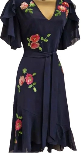 Karen Millen UK10 EU38 US6 Navy Blue Sequin Frill Fit & Flare Occasion Dress - Picture 3 of 16