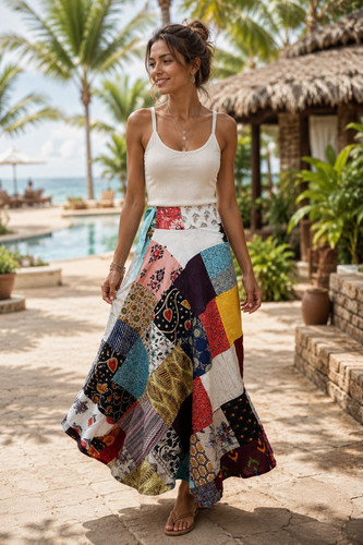 Handmade Patchwork Maxi Wrap Skirts Boho Cotton Printed Wrap Skirt One Size
