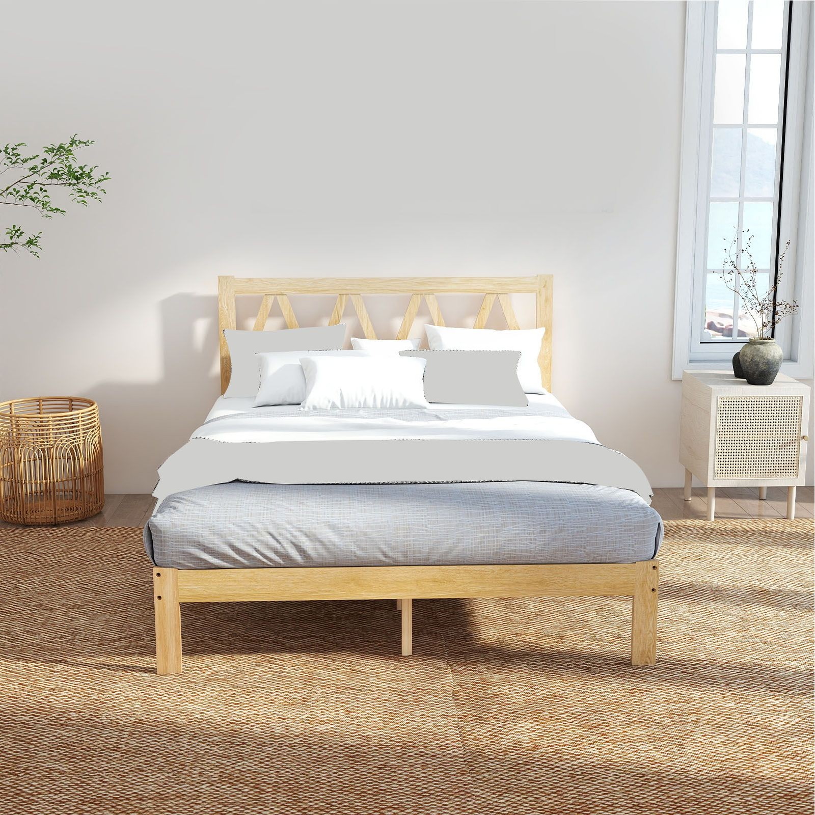 Rubber Wood Platform Bed With Headboard For Home Bedroom