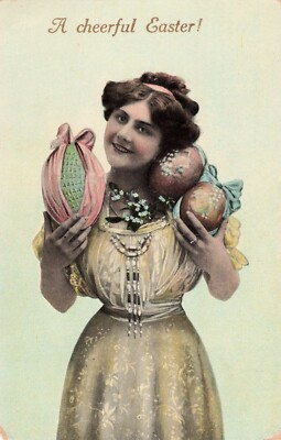 A Cheerful Easter Postcard Featuring Victorian Model and Her Decorated Eggs