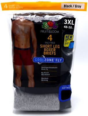 4 Black Gray 3XL 48-50 Short Leg Boxer Briefs Fruit Of The Loom 3EG 122-127 CM