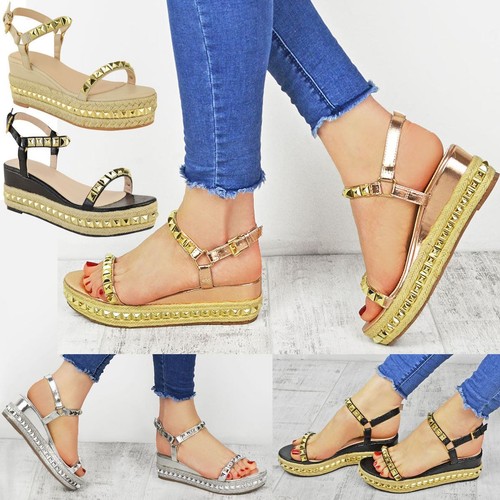 Ladies Womens Studded Low Wedge 