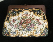 Vtg Black  Floral Petit Point Tapestry,Amber Lucite Frame Cosmetic / Clutch Bag