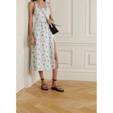 Reformation Elara Floral-Print Gingham Linen Midi Dress White/Blue Sz 4