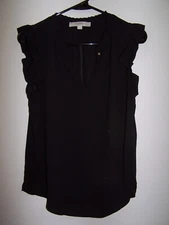 LOFT Petites, Sleeveless Black Sheer Top, V-Neck, Single Button - Size MP