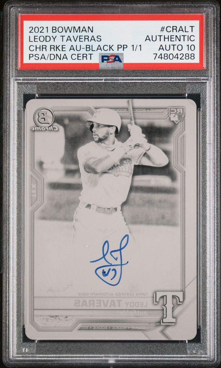 PSA 10! 2021 Bowman Chrome Rookie Auto Printing Plate Black 1/1. Leody Taveras