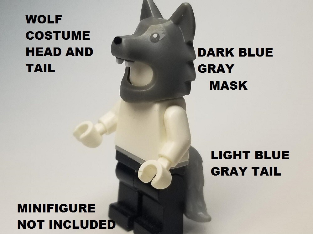 LEGO Minifigure Gray WOLF Mask Head and Tail Costume Set Fangs