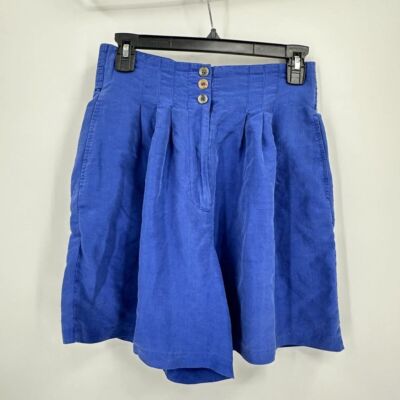 Vintage Express Paperbag Shorts Womens Small Silk Blue High Waist Flowy Pleated