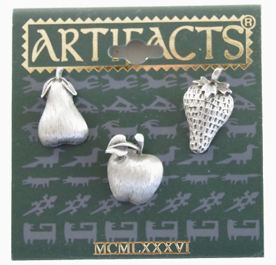 SET/3 NOS VTG c1980's JJ ARTIFACTS PEWTER PEAR APPLE STRAWBERRY FRUIT LAPEL PINS
