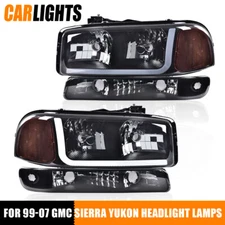Fit For 1999-07 GMC Sierra Yukon Black LED DRL Headlights W/ Bumper Signal Lamps