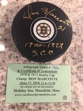 DON MARCOTTE Signed Autographed Hockey Puck BRUINS COA Inscription