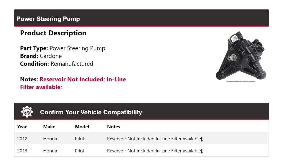 Bomba de dirección asistida Cardone para Honda Pilot 2012-2013 Foto 2 de 4