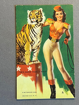 Circus Lady With Tiger, Mutoscope Card, Safer Than A Wolf, ca 1940