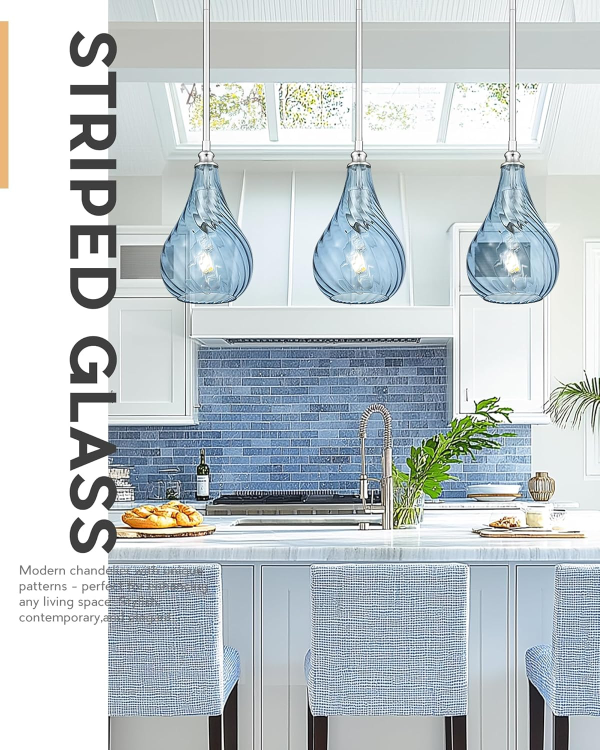Brushed Nickel Blue Glass Mini Pendant Light for Kitchen Island & Dining Room