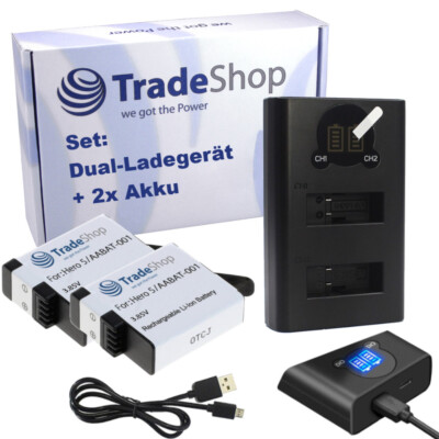 Dual LCD Ladegerät USB-C + 2x Akku 1250mAh für GoPro Hero 7 Black Silver White