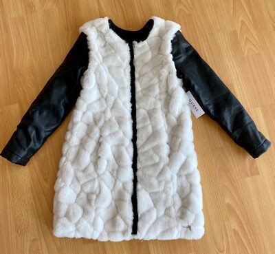 $145 GUESS Girls White Faux Fur Leather Black Sleeves Long Jacket Coat sz  NEW