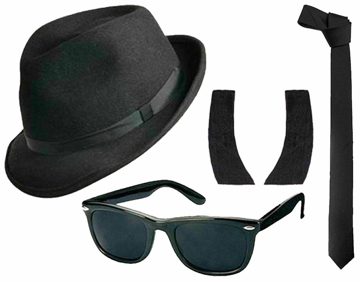 Gangster Blues Brothers Costume Kit 70s 80s Hat Glasses Tie & Sideburns  Costume