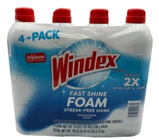 Windex Foam Glass Cleaner Fast Shine Streak-Free Rainshower Scent  19 oz, 4-pack