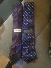 2 Calvin Klein Silk Men's Ties Purple Blue Plaid Geometric