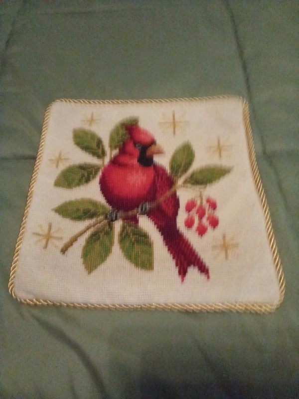 Half Cross-stitch Throw Pillow Cover, 12x12", Cardinal, w/ gold brocade edging