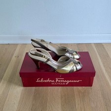 Salvatore Ferragamo Gold Slingback Heels Vintage Designer Open Toe Pumps Size 6