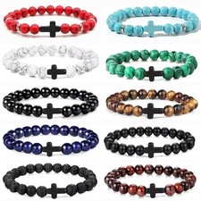 Natural Stone Beads Bracelet Hematite Cross Prayer Yoga Jewelry Men Women USA