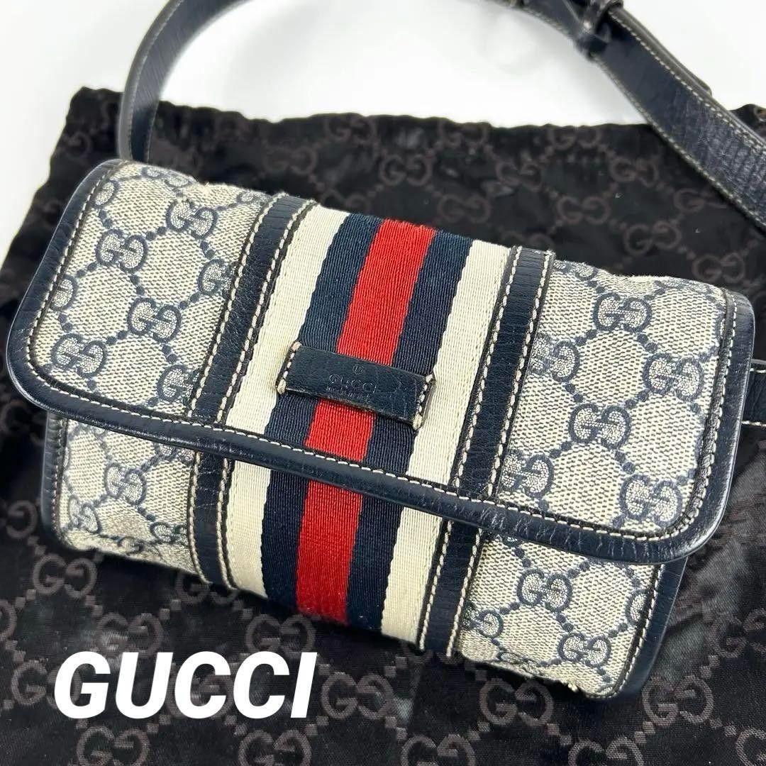 GUCCI Vintage Sherry Line Navy Crossbody Bag Retro Style  